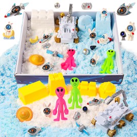 FIIOEOY Space Sensory bin, Galaxy Planet Exploration Toys Sensory Sand Kit, Lunar Rover Spaceship Alien Universe Playset, Sandbox Toys for Kids Girls Boys 3 4 5 6 7
