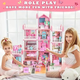 Doll House, Dollhouse For Girls Pretend-Play DIY Dollhouse Kit - 4-Story 11 Rooms Playhouse With 4 Dolls Toy Figures, Furniture And Accessories Set Gift Toy For Kids Ages 3 4 5 6 7 8+:_blue_6 rooms