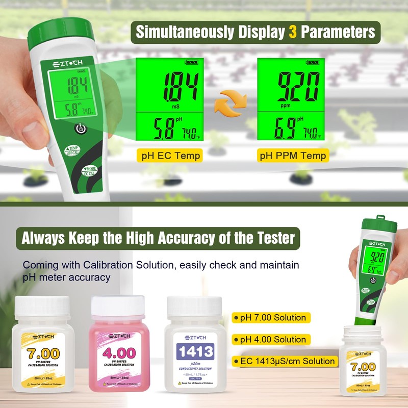 EZTOCH Hydroponic pH EC Meter, Water pH TDS PPM Meter