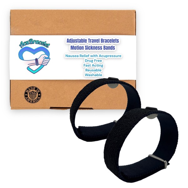 Motion Sickness Wristbands- Adjustable, Comfortable- Simple Nausea Relief for Car, Sea and Air (Medium, Black)
