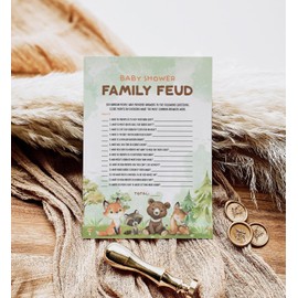Baby Shower Games, 50 Baby Shower Family Feud Game Cards, Woodland Themed Party Games Activity for Girl or Boy, Gender Neutral, Woodland