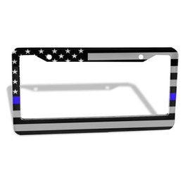 American Flag Thin Blue Line License Plate Frame Black Patriotic Police Auto Tag Cover Aluminum Metal Fits US Standard Car License Plate Holder 2 Holes with Screws for Women Men