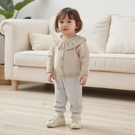 MAHUAOYIXI Toddler Baby Girl Sweater Cardigan Long Sleeve Crew Neck Solid Color Warm Knitted Cardigan Ruffle Trim Knit Jumpers Sweatshirt Fall Winter Button-up Pullover Knitwear (Khaki, 12-18 Months)