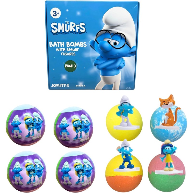 The Smurfs Bath Bombs with Action Figures-Brainy, Handy Smurf, Blossom,