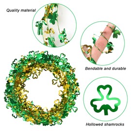 LOAVER 75 Ft St. Patrick's Day Shamrock Tinsel Garland,3 Rolls Hollowed Metallic Twist Garland Irish Festive Clover Wreath for St. Patrick's Day Party Wall Crafts Making Irish Decoration(Green & Gold)