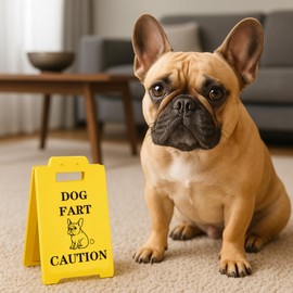 Dog Fart Caution Sign – Funny Dog Lover Gift – Yellow Mini Floor Sign for Bathroom, Office Desk, or Home Decor – Hilarious French Bulldog Fart Warning Sign for White Elephant or Gag Gift