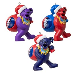 Kurt Adler Grateful Dead Bears with Santa Hats - 3.5 Inch Blue/Purple/Red Plastic Christmas Tree Ornament; Set of 3