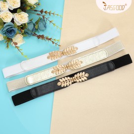 JasGood Pack of 3 Women's Elastic Thin Belt Metal Buckle Stretch Thin Waist Belt for Dress, 2-Black+White+Gold