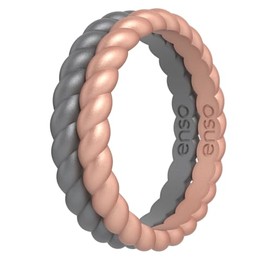 Enso Rings Stackable Braided Silicone Wedding Ring – Hypoallergenic Unisex Stackable Wedding Band – Comfortable Minimalist Band – 2.5mm Wide, .8mm Thick - Metallic Silver/Rose Gold - Size 7