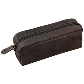 STILORD 'Spencer' Leather Pencil Case Vintage with Zip Cosmetic Bag Organiser Pencil Case Pencil Case Real Leather, Dark - Brown, Cosmetic bag