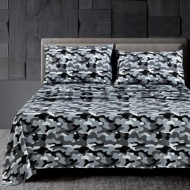 Chezmoi Collection Military Camo 3-Piece Sheet Set - Camouflage Black Gray Printed Microfiber Soft Breathable Deep Pocket Sheets and Pillowcases Set, Twin XL Size