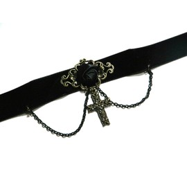 Gothic Velvet Choker with Bronze Cross & Black Rose Ribbon Necklace