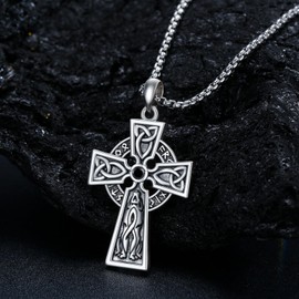 MOPOPOK Viking Cross Necklaces Sterling Silver Viking Wolf Pendant Necklace Celtic Cross Necklace Irish Jewelry Birthday Christmas Gift for Women Man