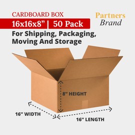 Partners Brand 16x16x8 Corrugated Cardboard Boxes, 16"L x 16"W x 8"H, Pack of 50 | Shipping, Packaging, Moving, Storage Box for Business, Strong Wholesale Bulk Boxes 16x16x8