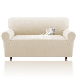 H.VERSAILTEX Jacquard Sofa Slipcover with Waterproof Seat Furniture Protector 1 Piece Stretch Sofa Covers with Elastic Bottom for Kids, Pets, Dog(Loveseat, Ivory)