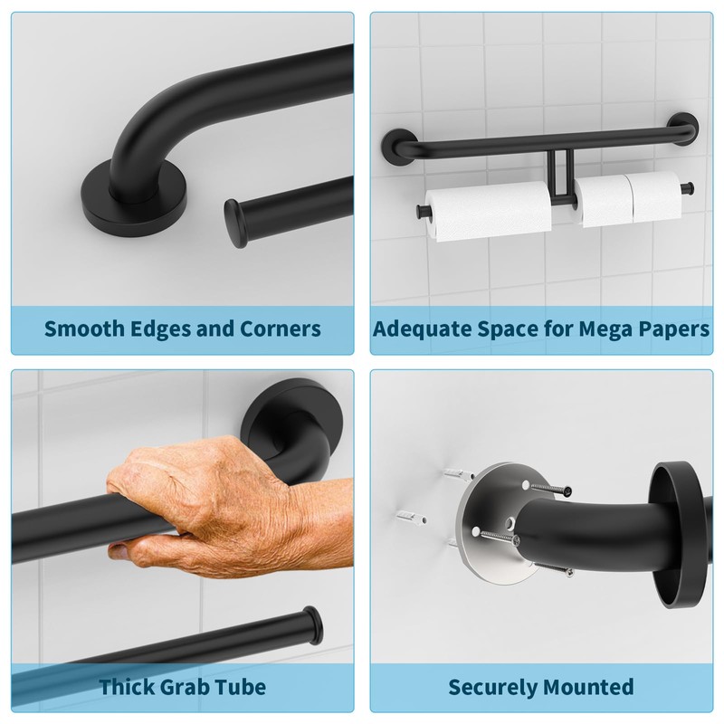 24 Inch Grab Bar w/Double Toilet Paper Roll Holder Black,