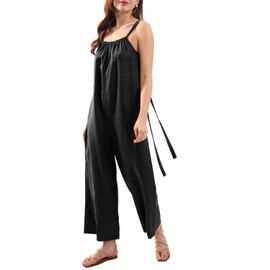 Amazhiyu Womens Pure Linen Loose Sleeveless Back Tie Wide Leg Jumpsuits with Pockets Black, Large