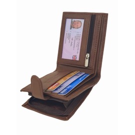 RAS WALLETS Mens RFID Blocking Soft Genuine Leather Bifold Wallet with A Side Zipper Coin Pouch 42 (Brown)