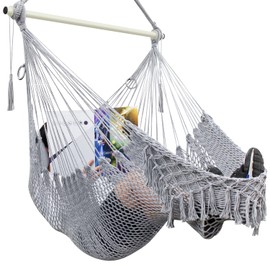 Hammock Chair, Cotton Rope Handwoven Chair with Collapsible Metal Spreader Bar Max 330 LBS for Indoor&Outdoor, Patio, Garden, Yard (Gray)