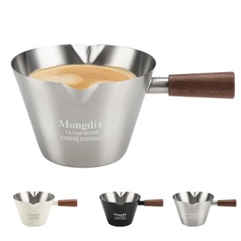 Mongdio Espresso Measuring Cup, Stainless Steel Espresso Shot Cups with Wooden Handle and Double Spouts, 6.8OZ/200ML, Silver