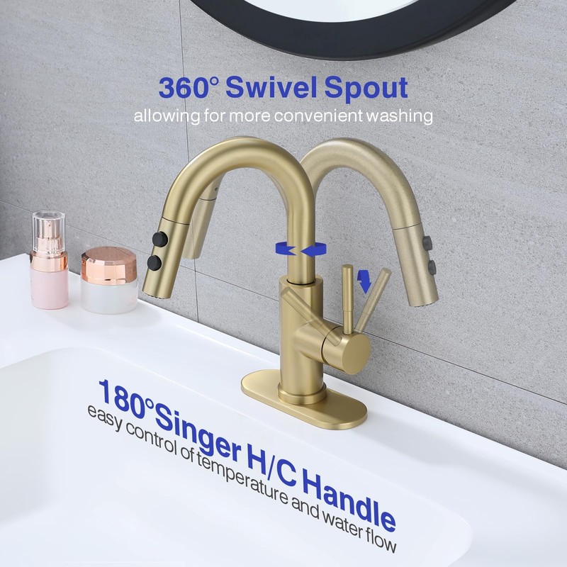 Kablle Bathroom Sink Faucet with Pull Down Sprayer, Brushed Gold