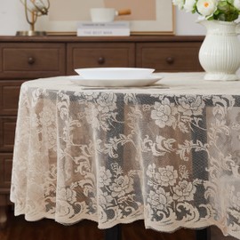 LinenZone Linen Round Tablecloth for Rustic Vintage Decor. Sheer Lace Tablecloth Works Great As Wedding Tablecloth, Thanksgiving Tablecloth or Christmas Tablecloth (Mia 36 Round, Linen)