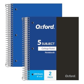 Oxford Spiral Notebooks, 5 Subject, College Ruled Paper, Durable Plastic Cover, 200 Sheets, 5 Divider Pockets, 2 per Pack (10388)