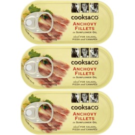 Cooks & Co Premium Anchovy Fillets in Sunflower Oil 50g (Pack of 3) - Gourmet Tinned Fish for Salads, Pizzas, and Pasta - Ready-to-Eat Anchovies