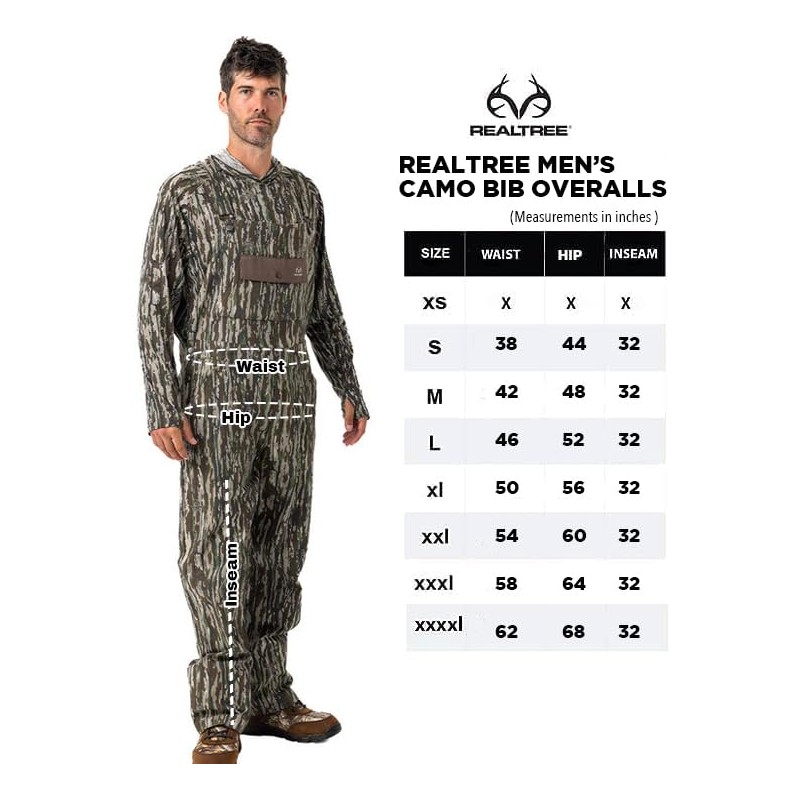 Realtree Men's Original Camo Hunting Cotton Bib Overalls, Uninsulated Camouflage