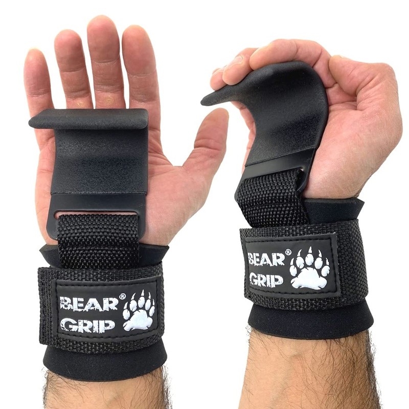 BEAR GRIP Weight Lifting Hooks, Non-Slip Rubberised Grips (Black)