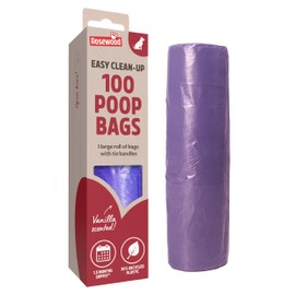Rosewood Dog Poo Bags with Handles - 100 Easy Clean-Up Poop Bags, Grab and Go Single Roll of Dog Waste Bags with Tie Handles, Vanilla Scented, Made with Recycled Plastic