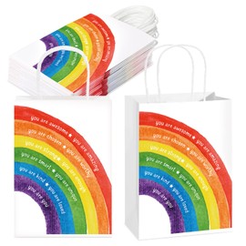 Coume Rainbow Inspirational Gifts Bags with Handle for Students Teacher Goodie Kraft Handbag for Classroom Rainbow Birthday Party Back to School Paper Bags, 5.9 x 3.15 x 8.27 Inch