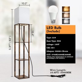 Wishwill Floor Lamp with Shelves, Modern Standing Shelf Lamp with 3 CCT LED Bulb and White Shade for Living Room Bedroom and Office Deco-Brown