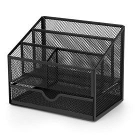 AZFUNN Metal Mail Organizer Letter Holder for Countertop, Mesh Mail Sorter Basket with 4 Slots & Drawer for Desk Home Office, Black