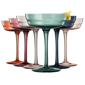 Khen Colored Vintage Art Deco Coupe Glasses - Martini, Cocktail & Champagne Glasses | Set of 6 | Pastel Muted Crystal Cocktail Glassware, Goblet Cocktails, Stemmed Ribbed Gift - Midway Ripple Set