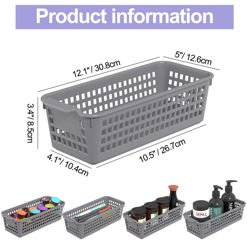 Ramddy Slim Plastic Storage Baskets, Gray Small Shelf Baskets, 4