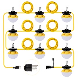 G GJIA 3-Prong 100FT Construction String Lights, IP65 Waterproof ETL Certified String Work Lights, 5000K Daylight 18AWG Wire Linkable Temporary Construction Lights for Jobsite with 10 Bulbs & Hooks