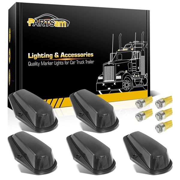 Partsam 5X Cab Marker Lights Roof Running Lamps Black Lens Covers + 5050 Amber 194 168 T10 LED Bulbs Compatible with Ford F150 F250 F350 1973-1997 F Series Super Duty Pickup Trucks