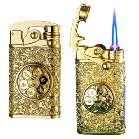 NINSI Vintage Rocker Torch Lighter & Dual Arc Plasma Lighter 2 in 1 with Turntable, USB Rechargeable Electric Lighters, Refillable Butane Lighters with Windproof Jet Blue Flame (Gold, Without Fuel)