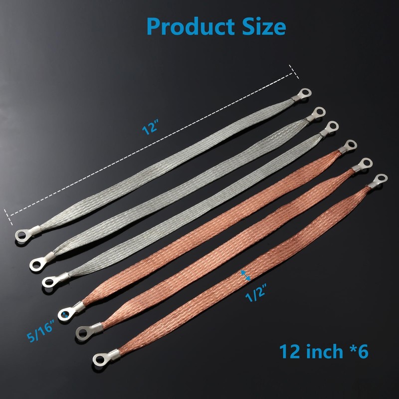 6Pcs Universal Automotive Ground Strap,12" x 1/2" Professional Vehicle Grounding