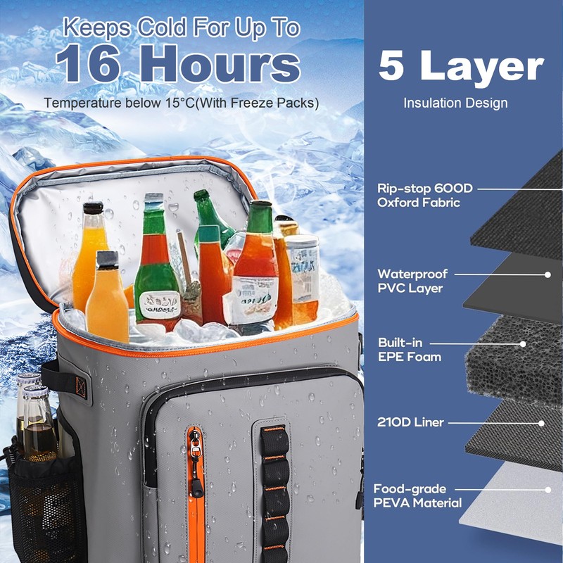 SUNUP 35 Cans Waterproof Cooler Backpack, Soft Insulated Leak Proof
