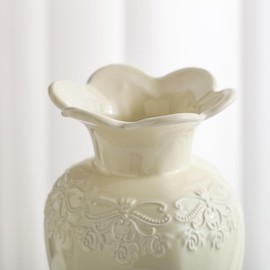 Seasonsplan Relievo Elegant White Cream 8in 11in Ceramic Flower Tall Vase Aesthetic Beige Table Tulip Wide Mouth Vase Rose Filler Decorative Rustic Vase Decor for Home (Cream Vase, L)