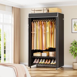 ULIFHOME H5C Clothes Rack with Cover, Portable Closet for Hanging Clothes, Covered Clothing Racks Heavy Duty, Freestanding Garment Racks with Shelves Max Load 360LBS Black Closet Rack with Black Cover