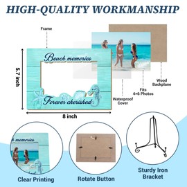 FUQWZ Beach Memories Picture Frame - 'Forever Cherished' Rustic Wood 8x5.8 Frame for 4x6 Photos - Coastal Themed Gift for Couples, Families - Beach House Decor with Iron Stand. (027)