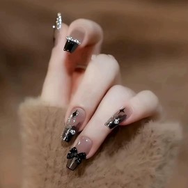 Press-On Nails Set, Black Glitter Gradient with Crystal Accents (Black No.1)
