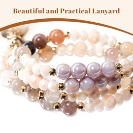 HappyHapi Teacher Lanyards for Id Badges and Keys, Retractable Natural Stone Beaded Lanyard for Women Cute with Id Holder, Pink