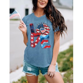 Patriotic T-Shirt for Women Sunflower USA American Flag Fourth July Love Letter Printed Tee Shirts Star Stripe Tops, Ink Blue L