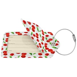 Buyidec 2 Pack Sweet Red Cherry Luggage Tags for Suitcases, Leather Baggage Tag with LoopName Id Card Cover Travel Bag Labels Set for Women Men Boys Girls Kids