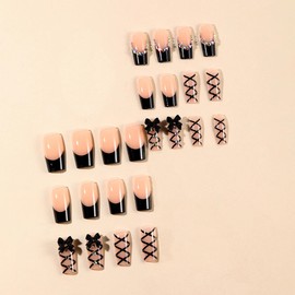 MERVF Long Square Press On Nails Black French Tip Glue Ons 3D Bow Rhinestones Glitter Design Acrylic Goth Squoval False Nails 24pcs