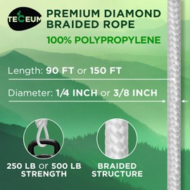 TECEUM Rope – 150 Feet x 1/4 Inch (7mm) – White – Strong All-Purpose Utility Rope – Camping, Crafting, Flag Pole, Indoor & Outdoor – Polypropylene Nylon Poly Lightweight Diamond Braided Cord